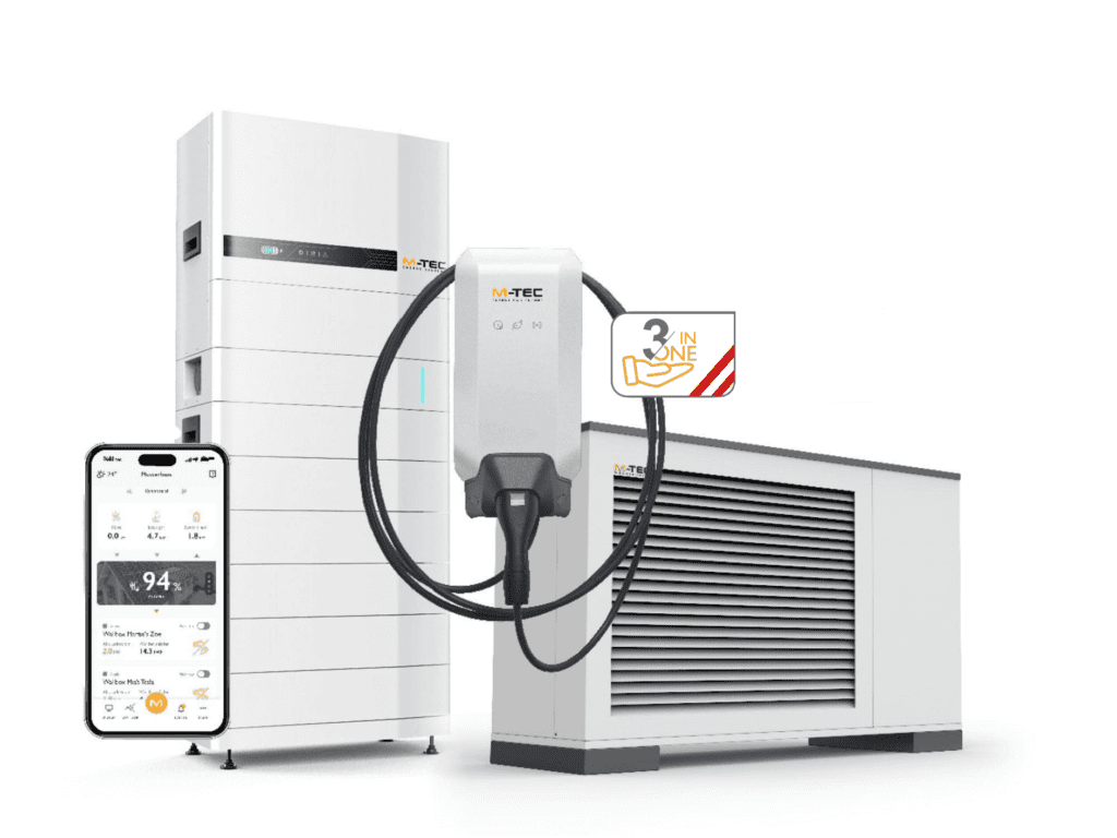 4 dispositivi davanti a uno sfondo bianco. Tutti sono di colore bianco e grigio scuro. Tutti recano il logo M-TEC. Sopra l'insieme dei dispositivi è presente un'icona con il simbolo 3 in uno.